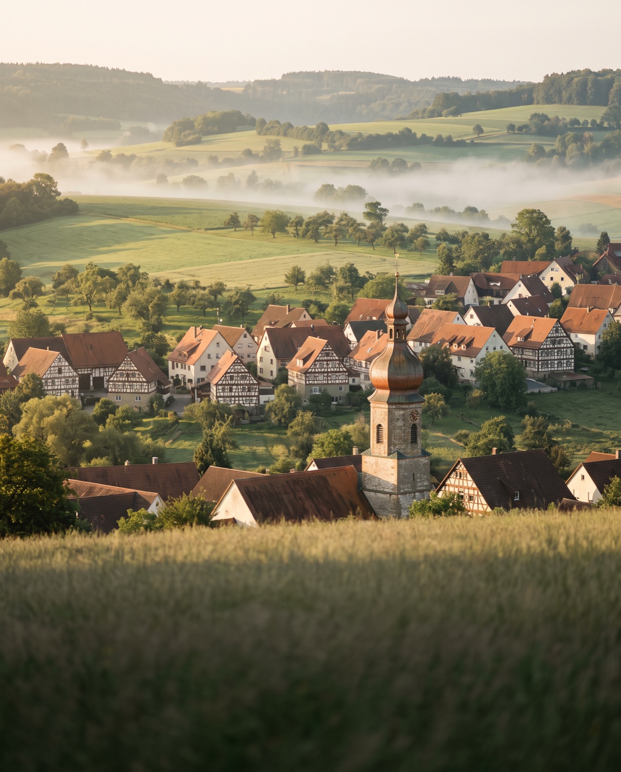 Fachwerkdorf mit Kirchturm im Morgennebel, eingebettet in die Hügel der Ostalb